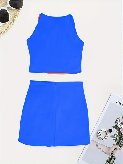 Beaded Color Block 2 Piece Set, Sexy Crop Halter Top & Asymmetrical High Waist Skirt, Women's Clothing