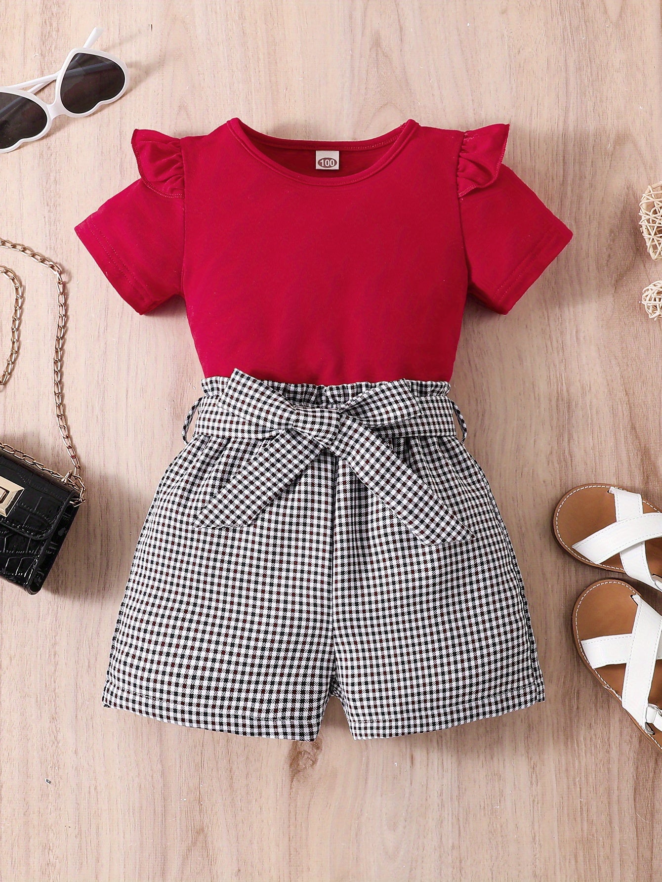 2pcs Girls Round Neck T-Shirt Ruffles Short Sleeves Tee Tops & Belted Plaid Shorts Set Summer Clothes
