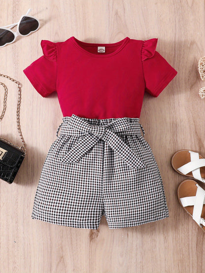 2pcs Girls Round Neck T-Shirt Ruffles Short Sleeves Tee Tops & Belted Plaid Shorts Set Summer Clothes