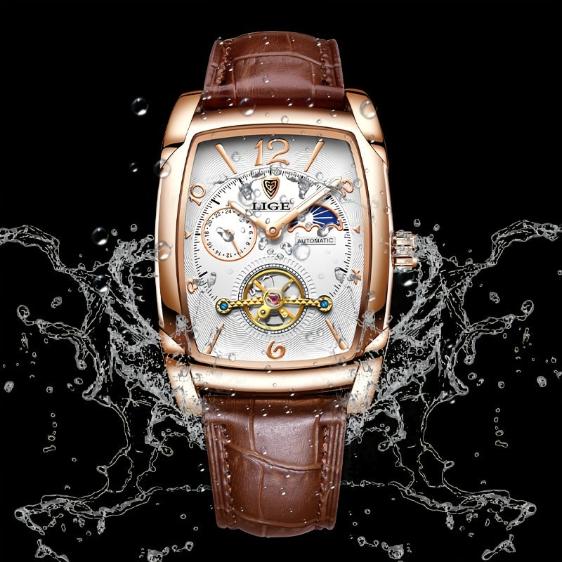 LIGE 2023 Vintage-Inspired Mechanical Men's Watch – Waterproof, Rectangular Leather Timepiece, Perfect Gift