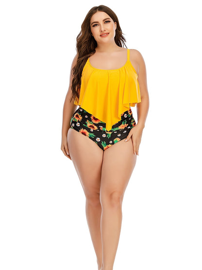 2pcs Plus Size Irregular Hem Top & Sunflower Print Panty Swimsuit Set, Women's Plus Medium Stretch Modest Swimsuit Set