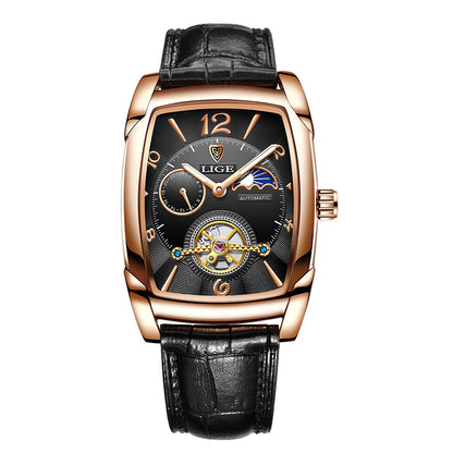 LIGE 2023 Vintage-Inspired Mechanical Men's Watch – Waterproof, Rectangular Leather Timepiece, Perfect Gift