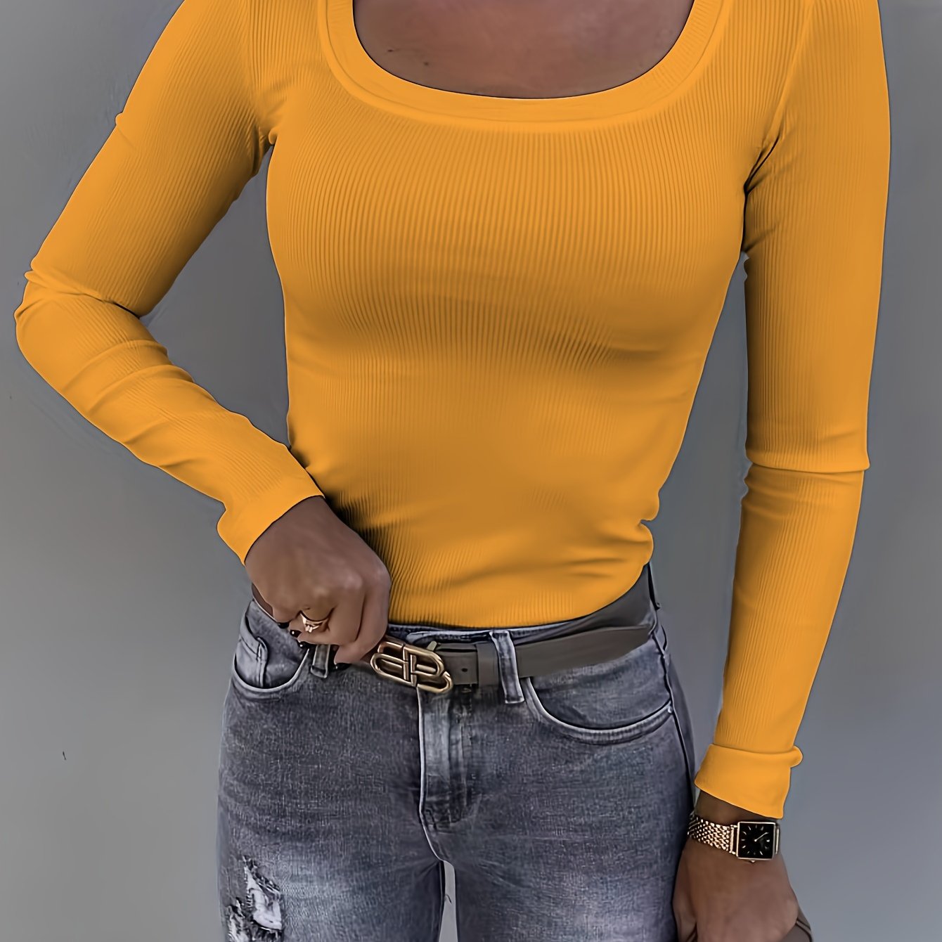 Womens Soft Ribbed Square Neck T-Shirt - Trendy Long Sleeves for Spring & Fall - Versatile Casual Wear