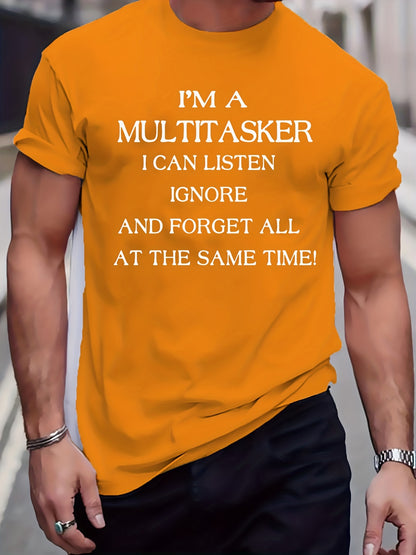 Men's Plus Size Beige T-Shirt - "I'm a Multitasker" Humorous Print, Casual Mid-Stretch Crew Neck, Short Sleeve, Ideal for Summer, Youth Casual Top|Humorous Print Tee|Nontransparent Material, PLUS SIZE
