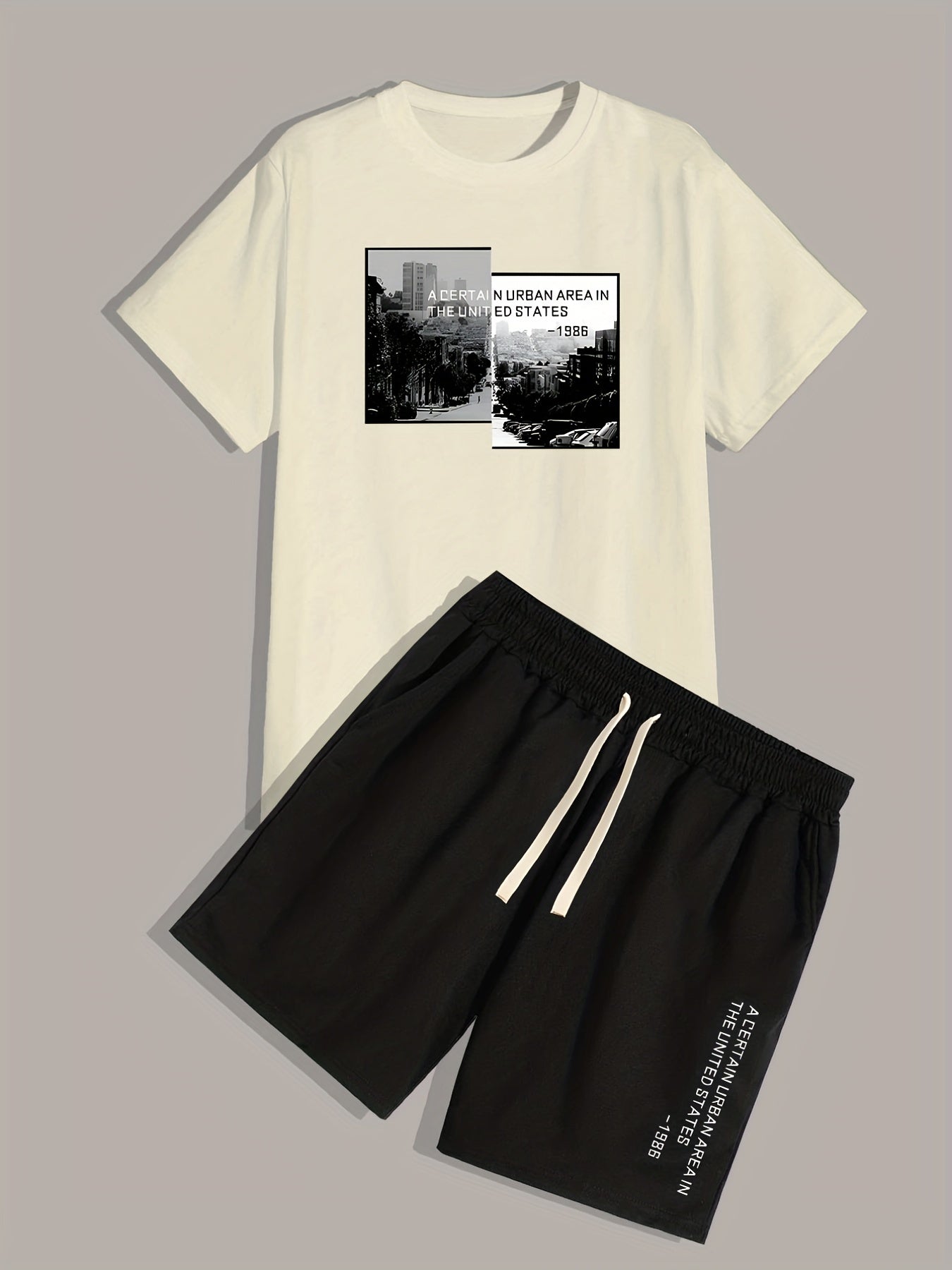 Urban Area, Men's 2pcs, Short Sleeve Round Neck T-Shirt And Drawstring Shorts Set