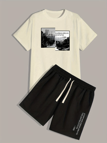 Urban Area, Men's 2pcs, Short Sleeve Round Neck T-Shirt And Drawstring Shorts Set