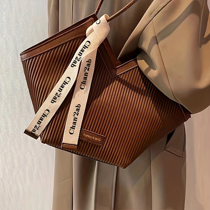 Large-Capacity Faux Leather Tote Bag - Stylish Zipper Closure, Fixed Shoulder Straps, Simple and Spacious Design for Work, Daily Use, and Travel - Durable, Easy-to-Clean, and Trendy Accessory