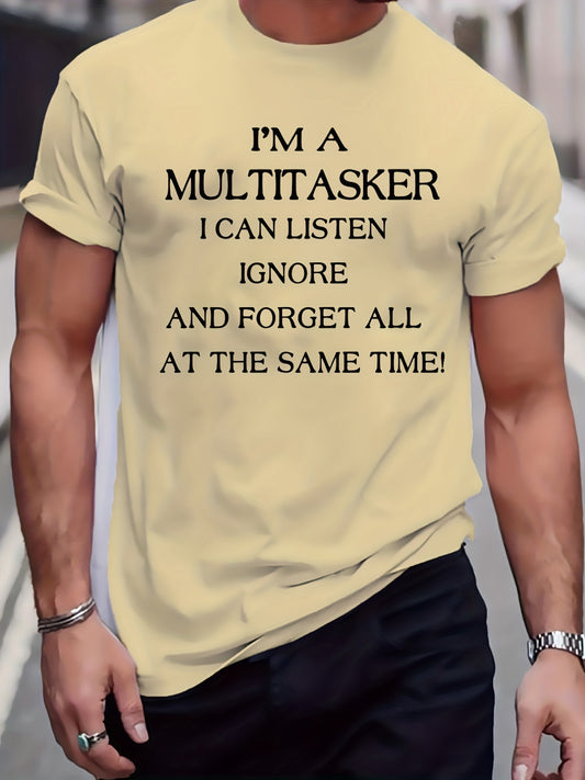 Men's Plus Size Beige T-Shirt - "I'm a Multitasker" Humorous Print, Casual Mid-Stretch Crew Neck, Short Sleeve, Ideal for Summer, Youth Casual Top|Humorous Print Tee|Nontransparent Material, PLUS SIZE