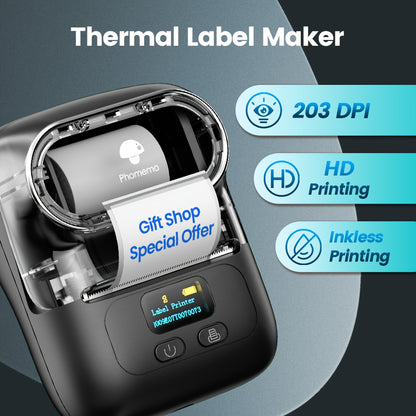 [Wireless | Portable] Phomemo Portable Wireless Thermal Label Printer M110 | Compact Wireless Barcode & Sticker Maker for Office, Retail, Jewelry Labels | Compatible with iOS & Android, Includes 1 Roll of 40×30mm Labels, Rec