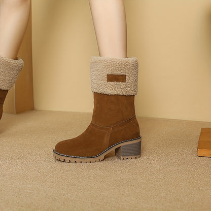Mid Calf Snow Boots for Women - Stacked Block Heel, Plush Round Toe, Thermal Insulation, Slip-On Design, Solid Color, Winter Warmth and Comfort Shoes