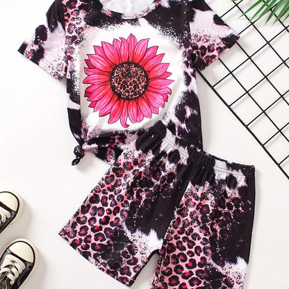 Girls 2pcs T-shirt & Elastic Waist Shorts PERFECTLY IMPERFECT Sunflower Print Crew Neck Short Sleeve Tee Top Casual Kids Clothes Summer