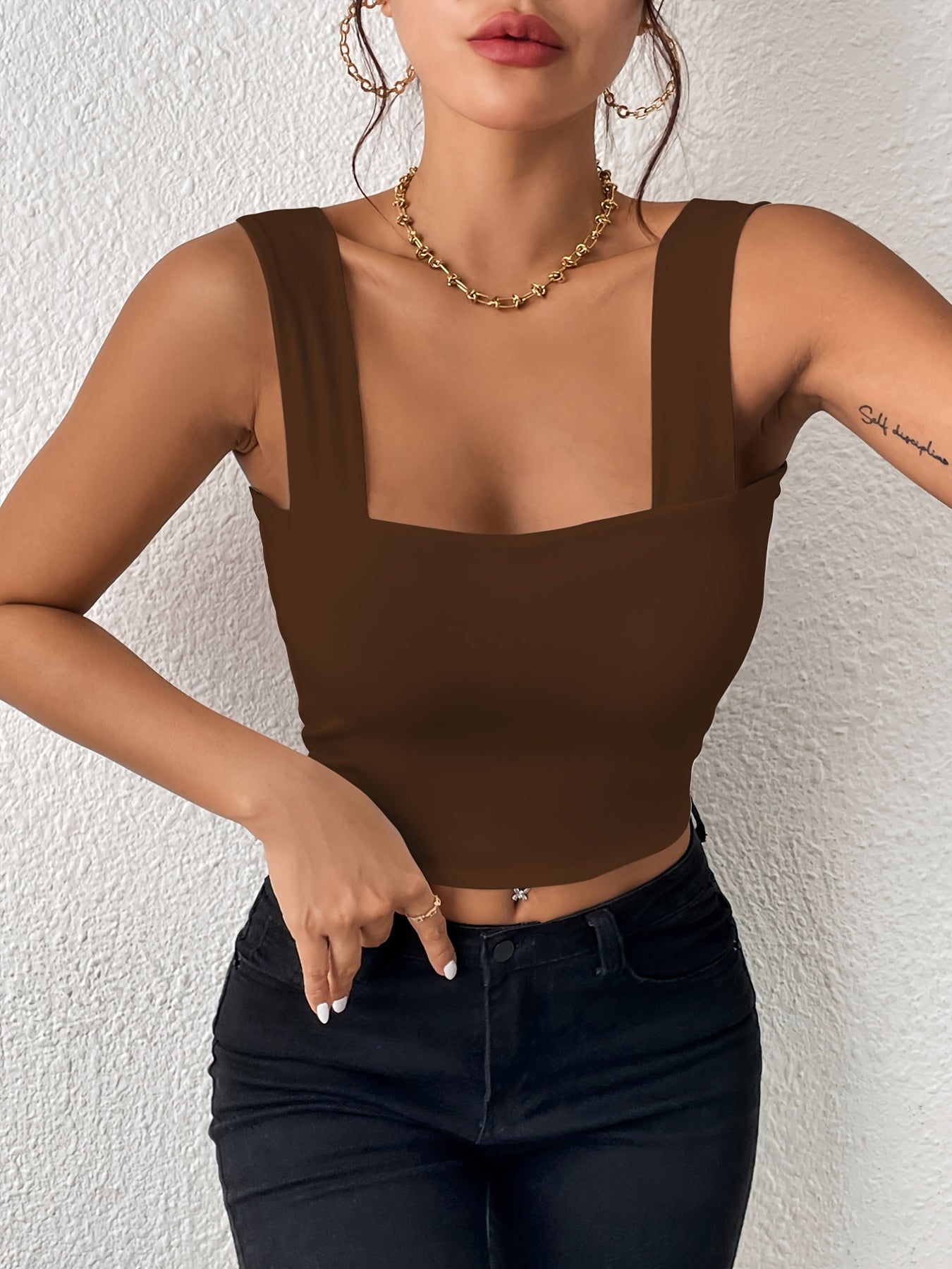 Stretchy Women's Crop Tank Top - Casual Everyday Essential - Soft, Breathable, Sleeveless, Solid Color, Comfortable, Relaxed Fit, Women's Clothing