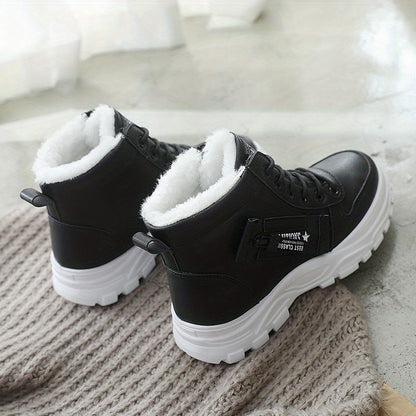 Women'S K2001 High-Top Winter Boots - Stylish White Lace-Up with Faux Fur Lining, Waterproof PVC Sole, Casual All-Season Footwear, Casual Winter Boots|Faux Fur Lined Boots|Laceup Boots