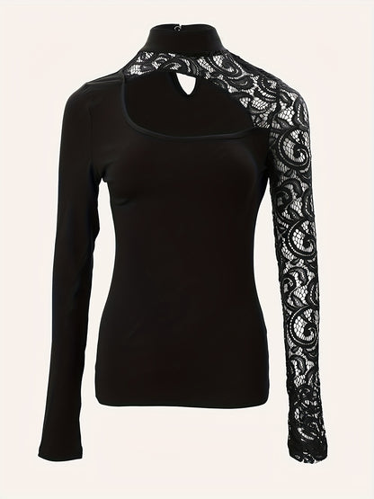Cutout Lace Stitching T-Shirt, Casual Mock Neck Long Sleeve Top For Spring & Summer, Women's Clothing