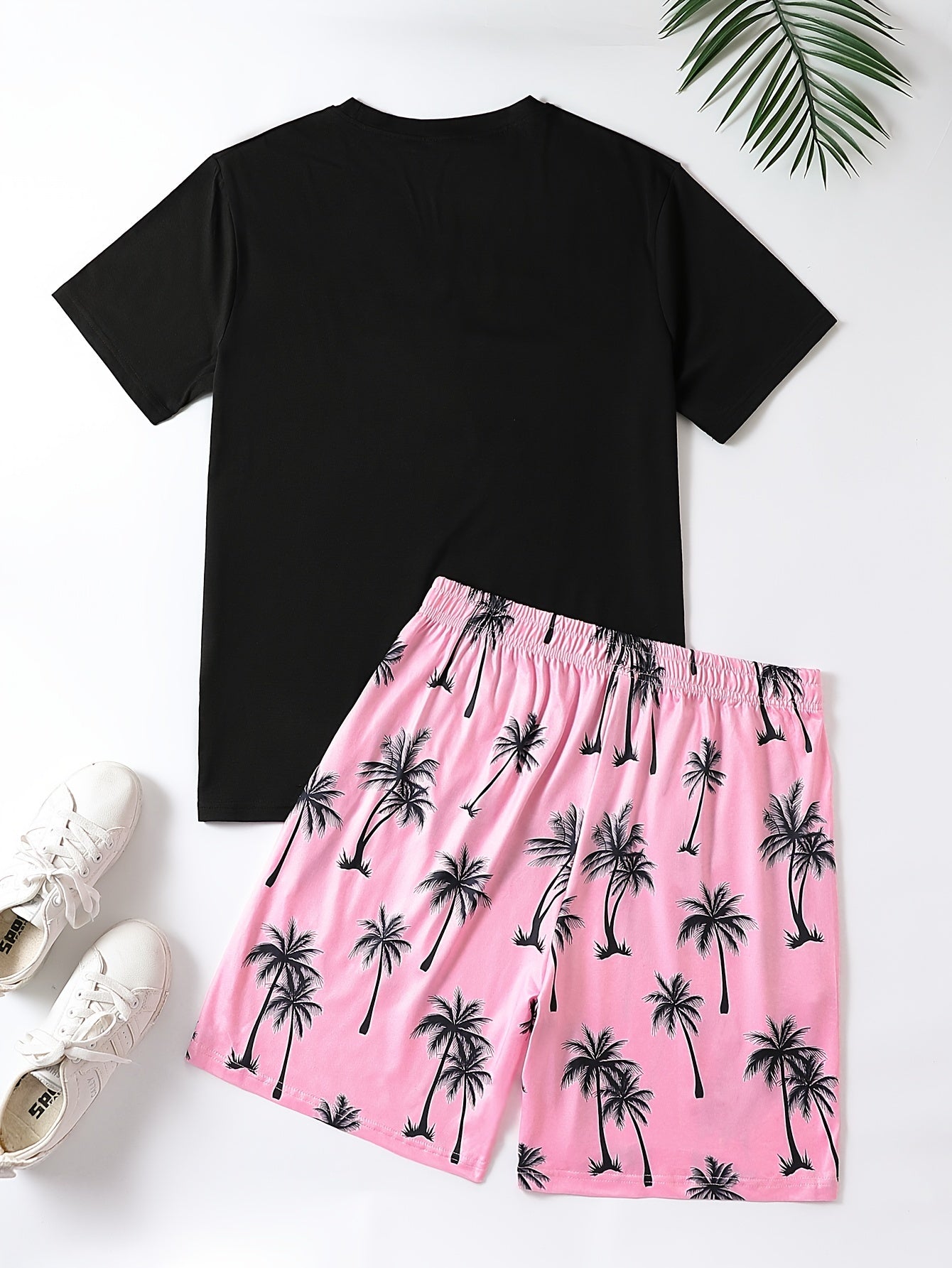 2Pcs Men's Palm Trees Print Casual Crew Neck Short Sleeve T-shirt And Drawstring Sweatpants Joggers Set For Summer