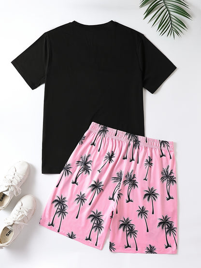 2Pcs Men's Palm Trees Print Casual Crew Neck Short Sleeve T-shirt And Drawstring Sweatpants Joggers Set For Summer