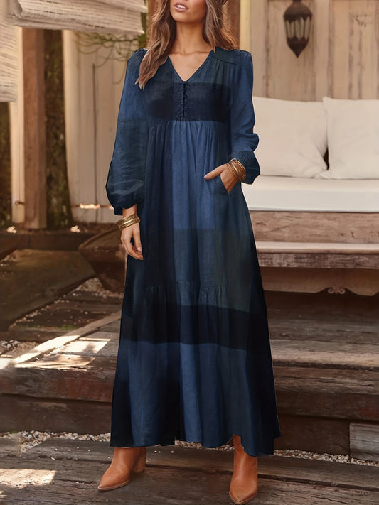 Patchwork Print Loose Dress, Boho V Neck Long Sleeve Dress, Women's Clothing