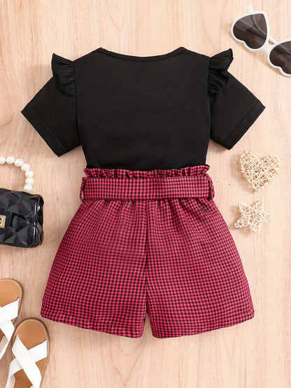 2pcs Girls Round Neck T-Shirt Ruffles Short Sleeves Tee Tops & Belted Plaid Shorts Set Summer Clothes