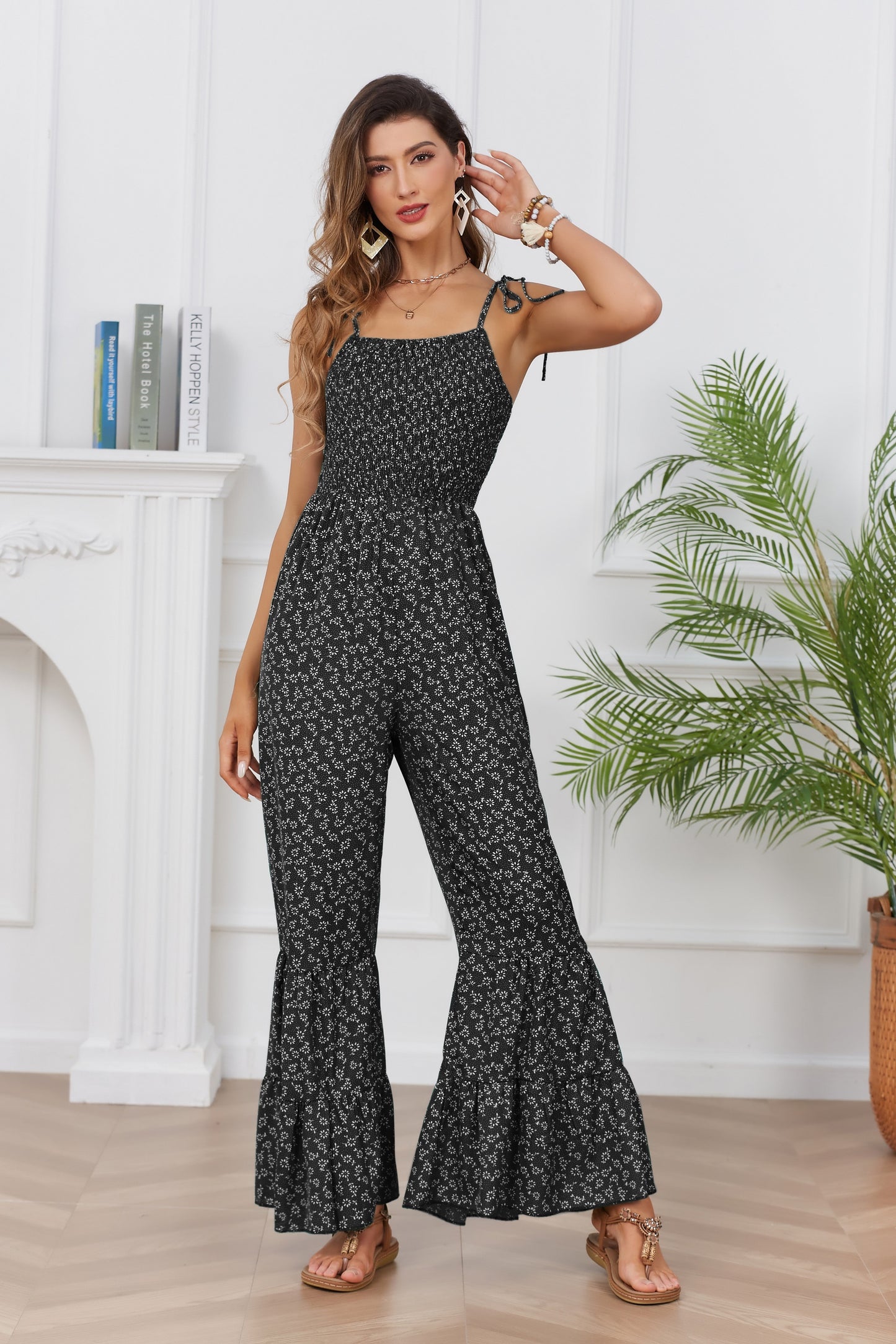 Bohemian Chic Ditsy Floral Print Jumpsuit - Lightweight & Breathable Sleeveless Spaghetti Strap Vacation Wear - Flared Leg Womens Casual Fashion