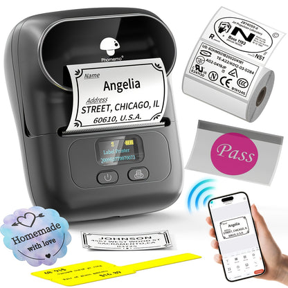 [Wireless | Portable] Phomemo Portable Wireless Thermal Label Printer M110 | Compact Wireless Barcode & Sticker Maker for Office, Retail, Jewelry Labels | Compatible with iOS & Android, Includes 1 Roll of 40×30mm Labels, Rec