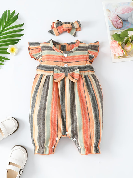 Baby Girls Striped Ruffled Romper Set with Bow Headband for Summer