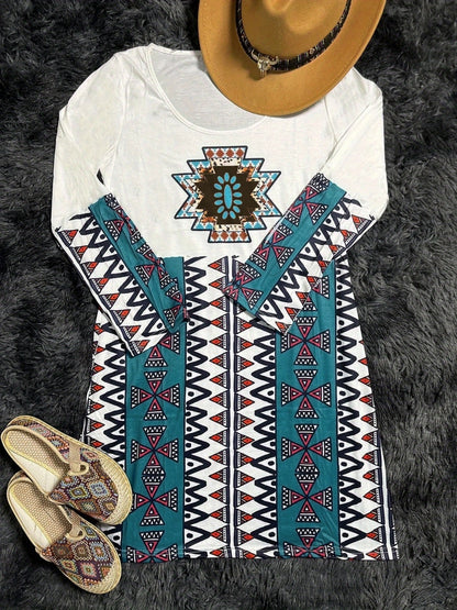 Aztec Print Ethnic Split Sleeve Dress, Boho Vintage V Neck Mini Dress, Women's Clothing