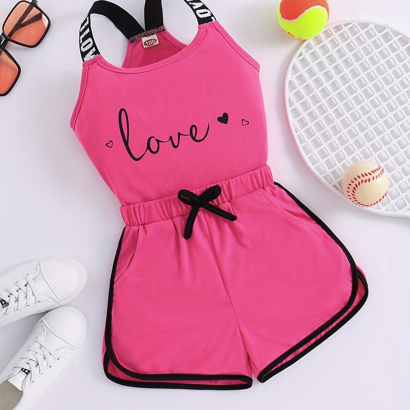 2pcs Toddler Girls Heart And "LOVE" Graphic Letter Tape Cami Top & Bow Contrast Binding Track Shorts Set Kids Summer Clothes
