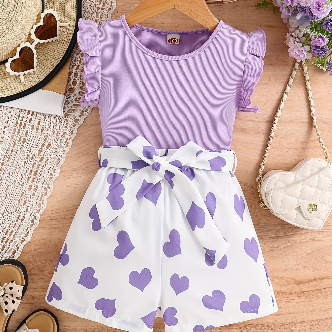 Girls Ruffle Trim Round Neck Top & Heart Graphic Belted Shorts Set Kids Summer Clothes