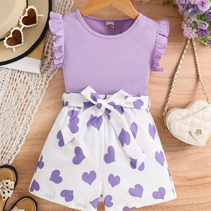 Girls Ruffle Trim Round Neck Top & Heart Graphic Belted Shorts Set Kids Summer Clothes