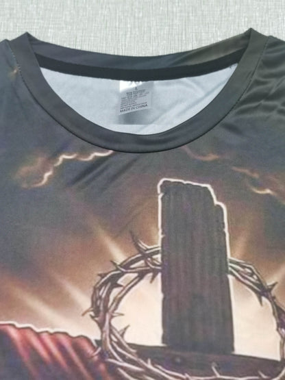 Crucifix Pattern All Over Print T-shirt, Men's Casual Mid Stretch Round Neck T-shirt For Spring Summer