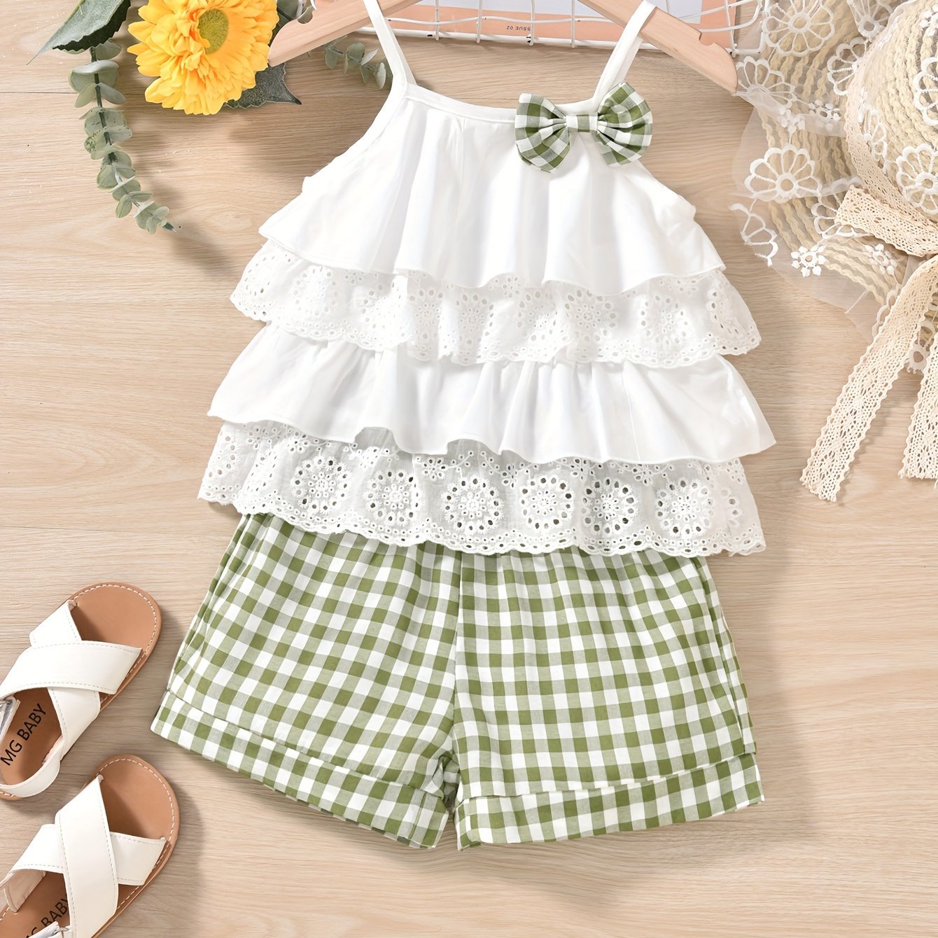 2pcs Ruffles Cami Top & Elastic Waist Plaid Shorts Set - Girls Summer Clothes with Flower Hollow Bow