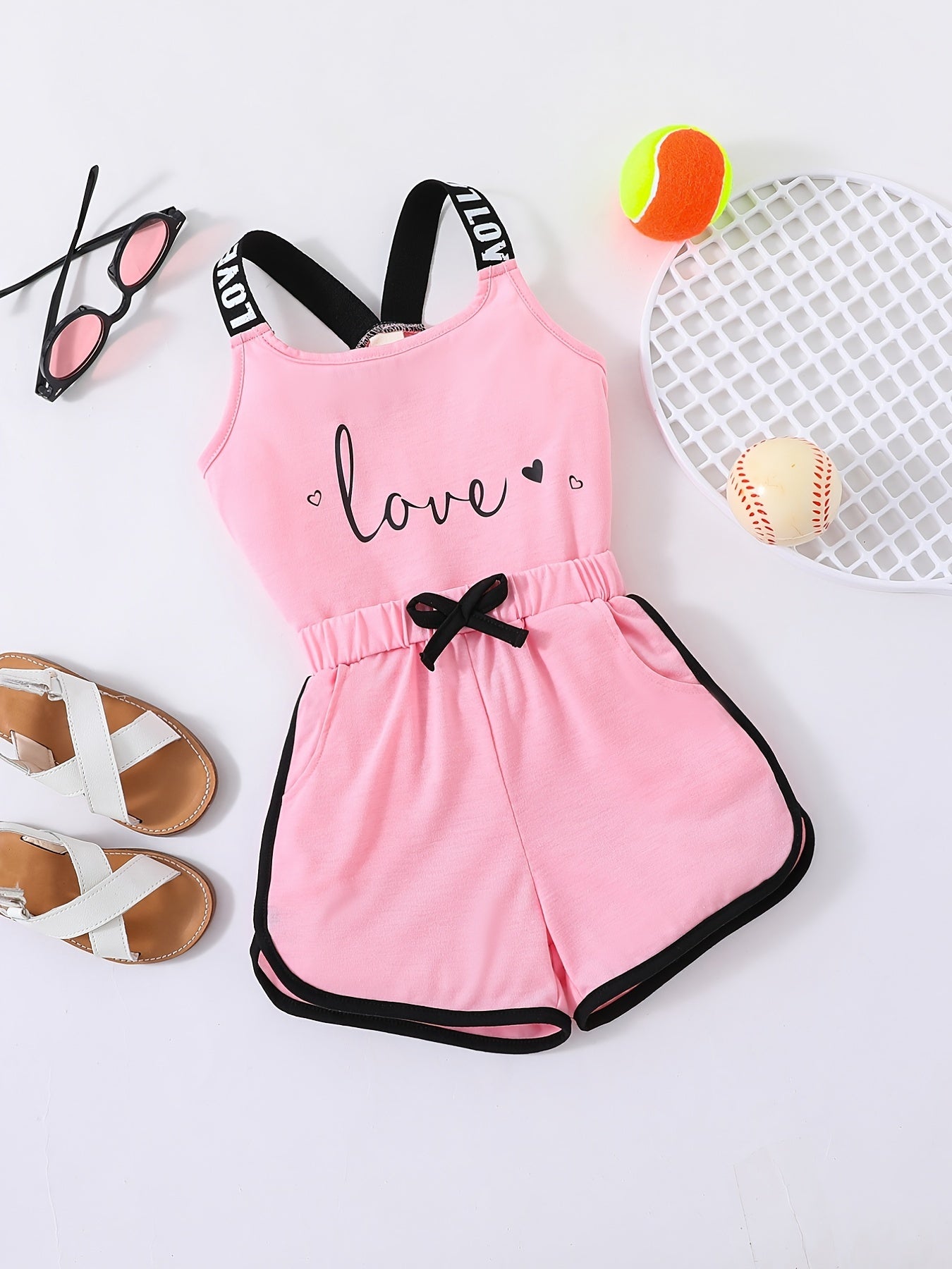 2pcs Toddler Girls Heart And "LOVE" Graphic Letter Tape Cami Top & Bow Contrast Binding Track Shorts Set Kids Summer Clothes