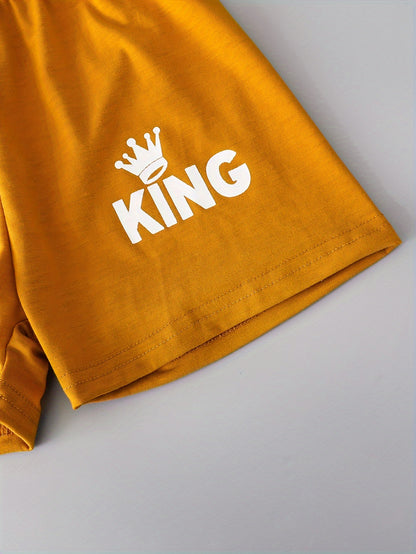 2pcs Boys Teen Cute "KING" Crown Graphic Print T-shirt & Shorts Set Clothes For Summer