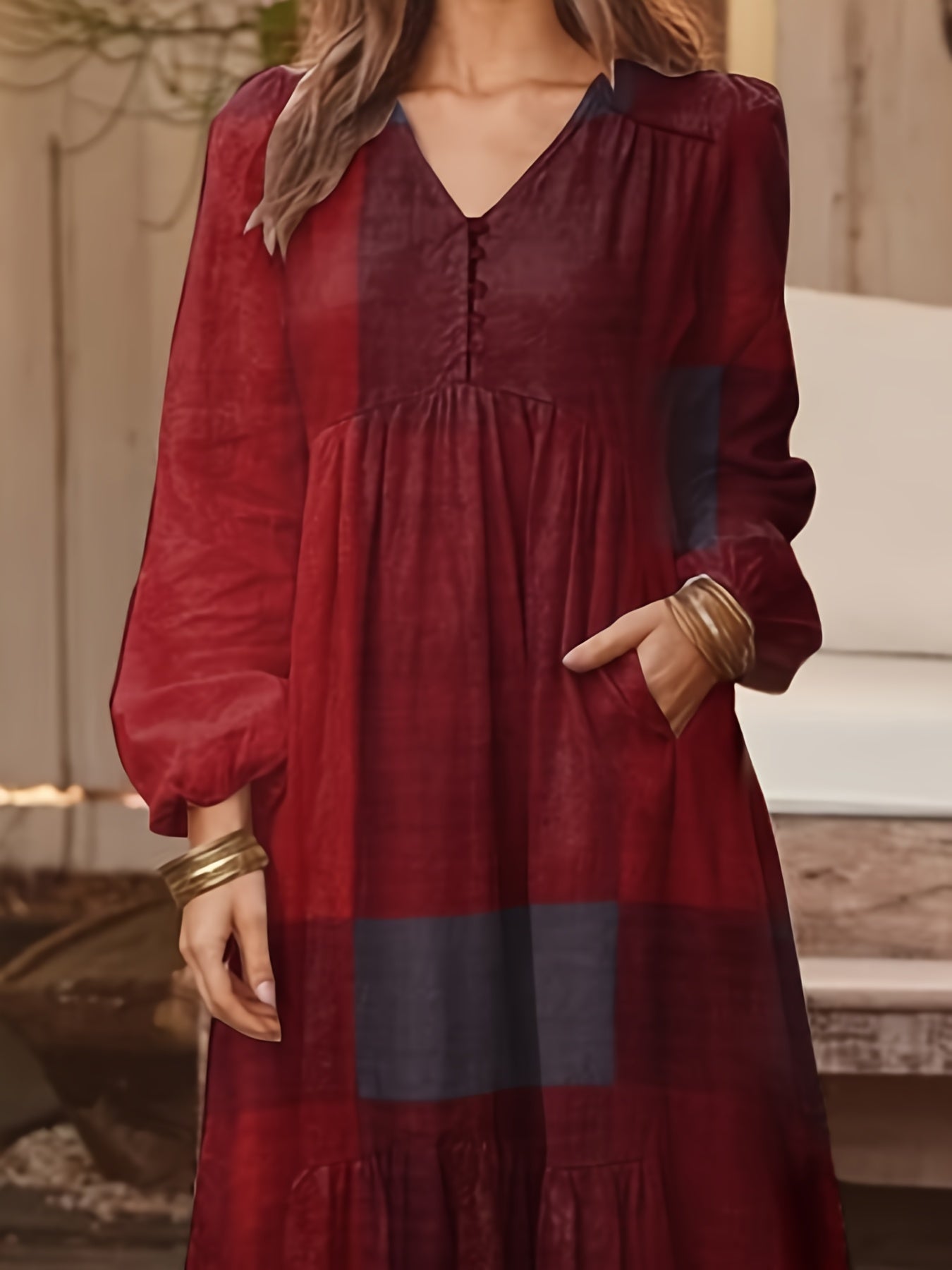 Patchwork Print Loose Dress, Boho V Neck Long Sleeve Dress, Women's Clothing
