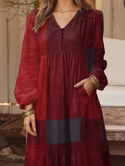 Patchwork Print Loose Dress, Boho V Neck Long Sleeve Dress, Women's Clothing