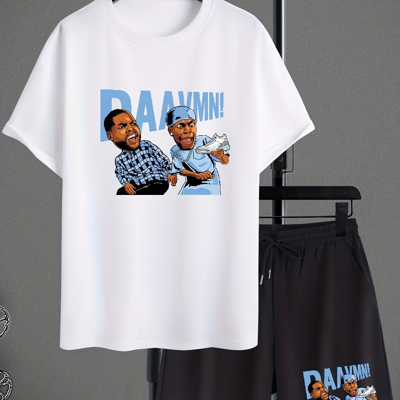 Men's Cartoon Letter Graphic Drop Shoulder Short Sleeve Crew Neck T-shirt & Drawstring Pockets Shorts Loungewear Set, Casual Fashion Skin-friendly And Comfortable Pajama Set, Plus Size
