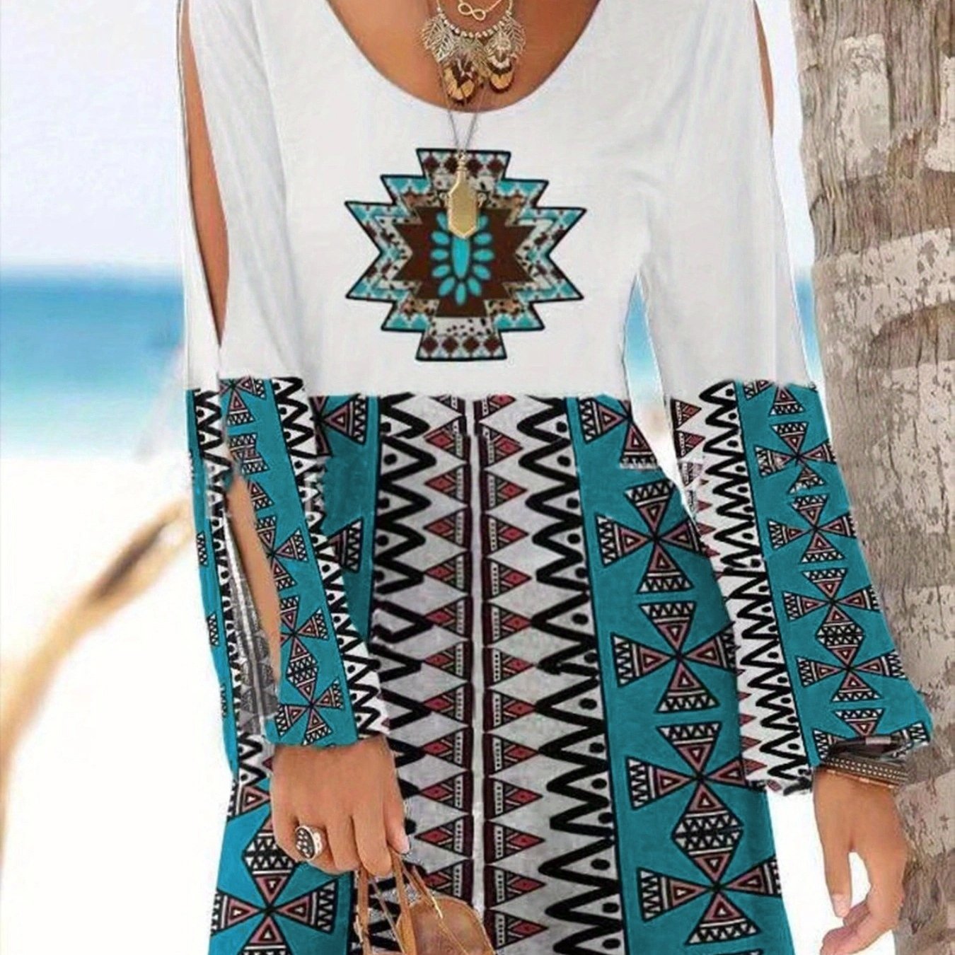 Aztec Print Ethnic Split Sleeve Dress, Boho Vintage V Neck Mini Dress, Women's Clothing