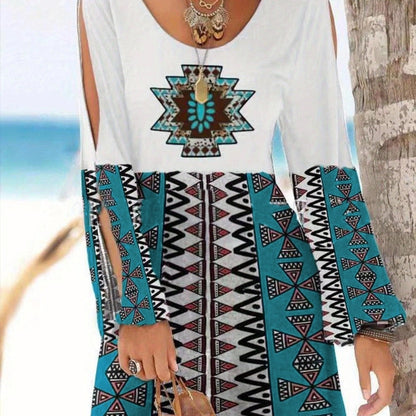 Aztec Print Ethnic Split Sleeve Dress, Boho Vintage V Neck Mini Dress, Women's Clothing