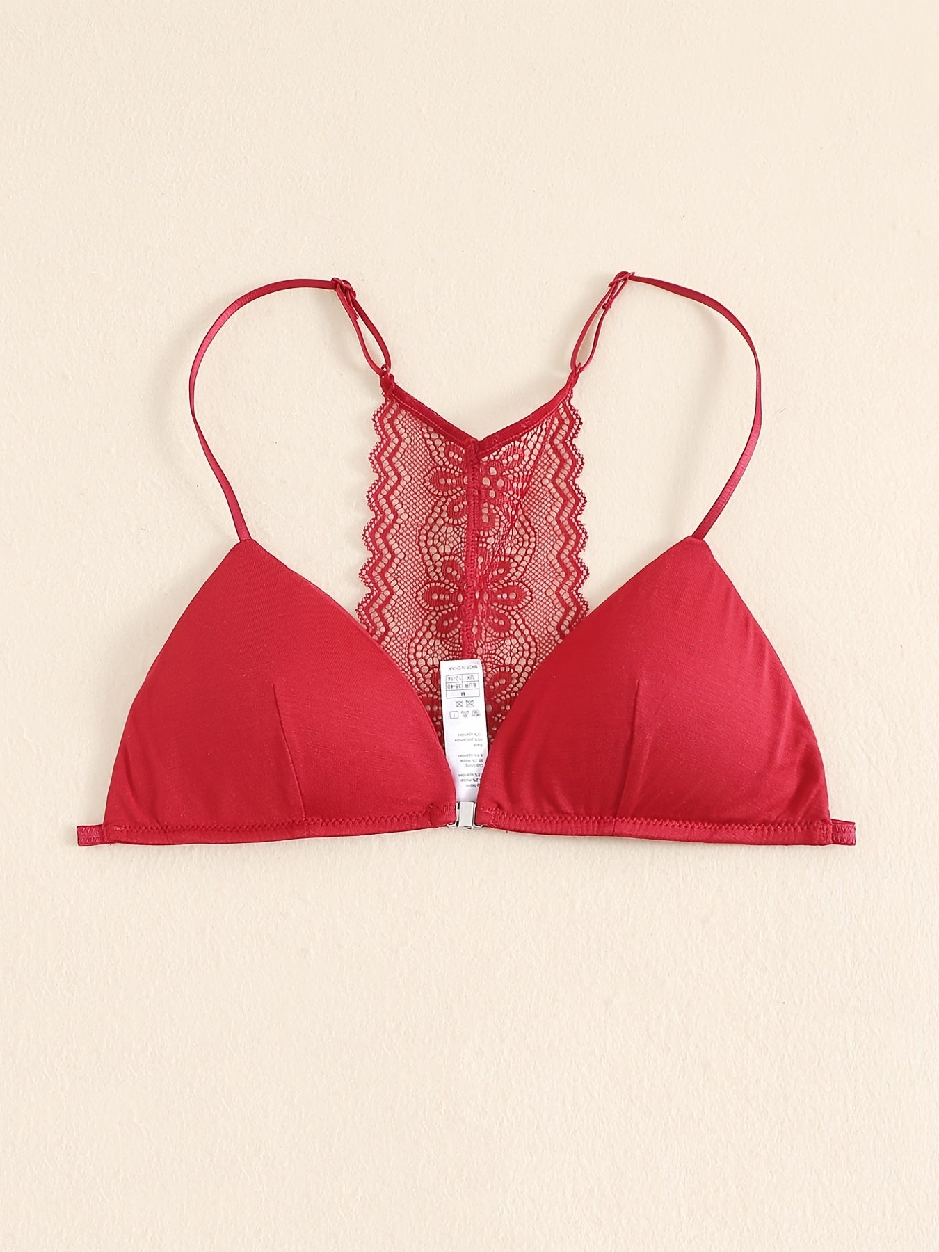 Triangle Cups Front Buckle Bras, Lace Stitching Beauty Back Bra With Removable Pads, Women's Lingerie & Underwear