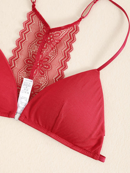 Triangle Cups Front Buckle Bras, Lace Stitching Beauty Back Bra With Removable Pads, Women's Lingerie & Underwear