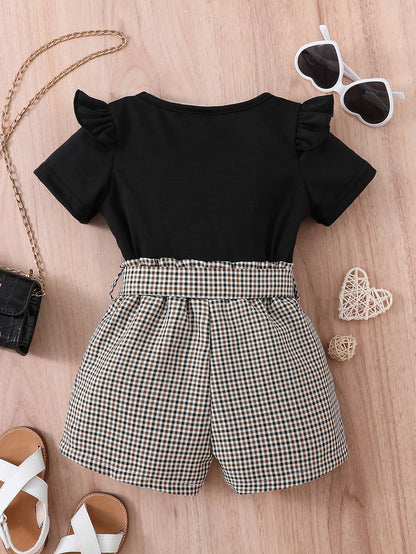 2pcs Girls Round Neck T-Shirt Ruffles Short Sleeves Tee Tops & Belted Plaid Shorts Set Summer Clothes