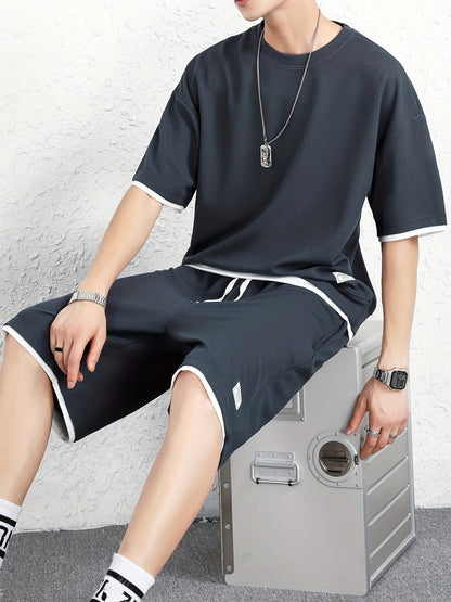 Men's 2 Piece Outfits, Solid Color, Faux Two-Piece Casual Graphic Crew Neck T-shirt And Loose Drawstring Shorts Set, Men’s Clothing