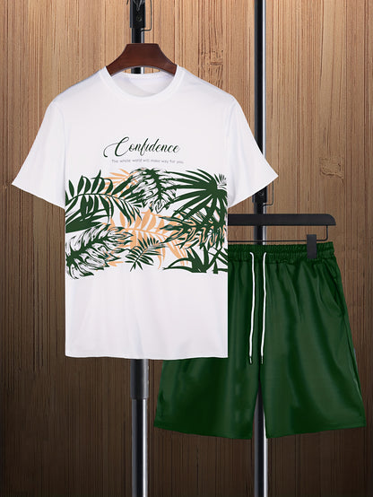 Mens Trendy Leaf Print 2-Piece Outfit - Relaxed Fit T-Shirt & Adjustable Drawstring Shorts - Comfortable Casual Wear