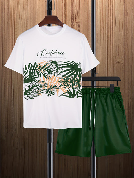 Mens Trendy Leaf Print 2-Piece Outfit - Relaxed Fit T-Shirt & Adjustable Drawstring Shorts - Comfortable Casual Wear