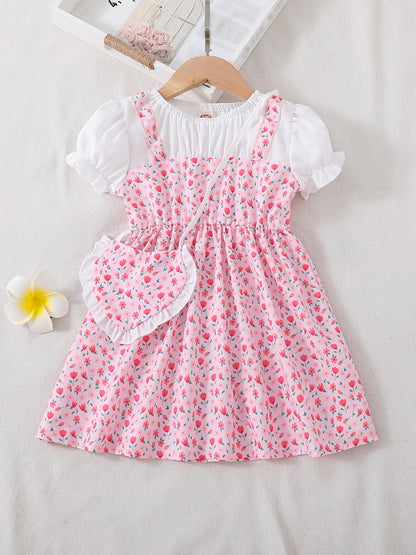 Toddler/ Kid Girls Cute Floral Dress Suit - Short Sleeve Patchwork A-line Dress + Pretty Heart Shaped Bag Set Kids Summer Clothes