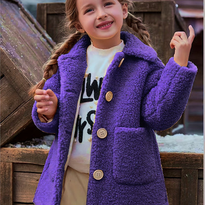 Girls' Cozy Fleece Jacket - Two-Tone Color Block with Plush Lining, Long Sleeves & Button Front, Casual Korean Style Winter Outerwear for Youngsters, Youngsters'S Winter Jacket | Buttonup Front Jacket | Plush Lining Jacket