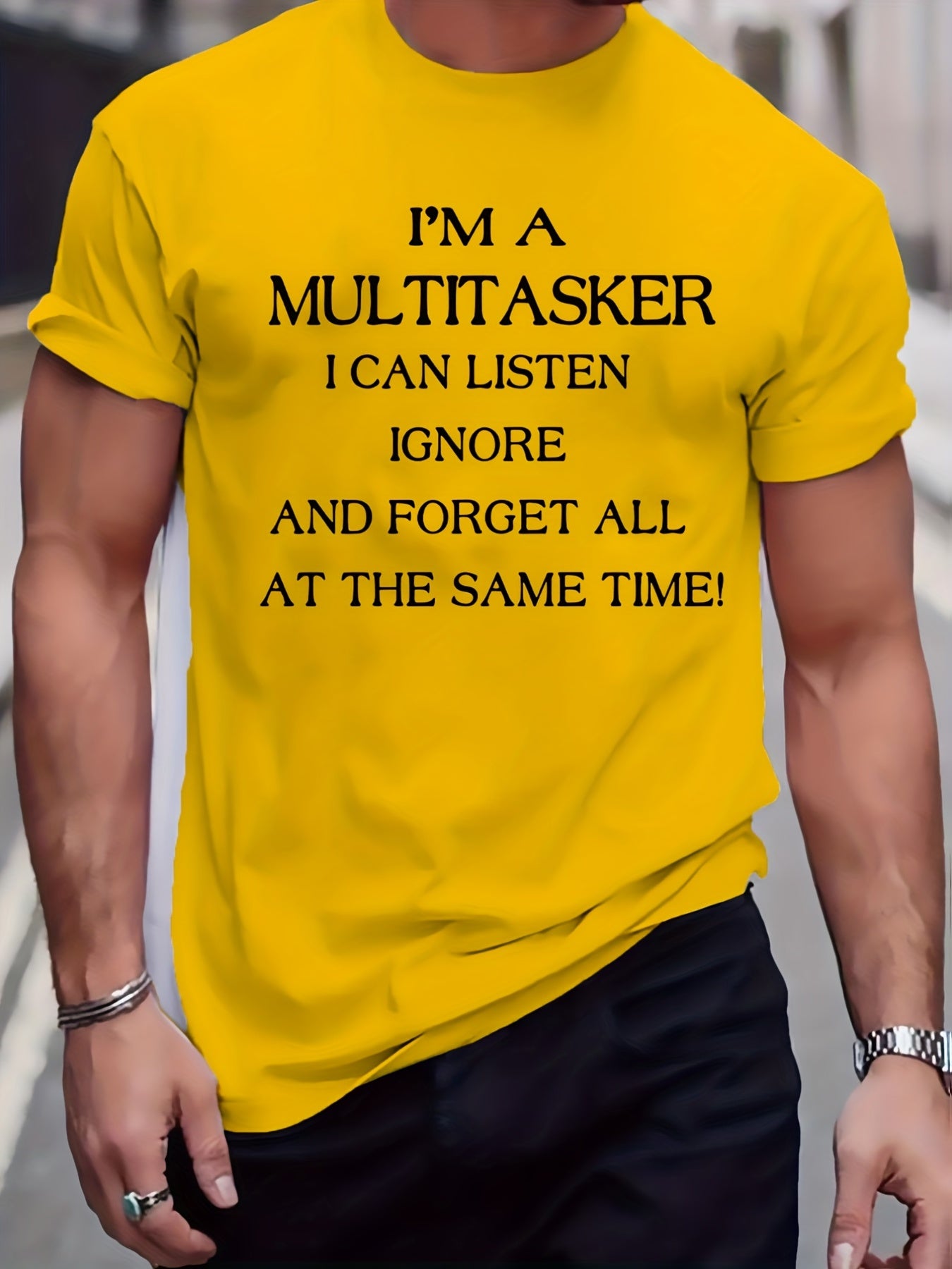Men's Plus Size Beige T-Shirt - "I'm a Multitasker" Humorous Print, Casual Mid-Stretch Crew Neck, Short Sleeve, Ideal for Summer, Youth Casual Top|Humorous Print Tee|Nontransparent Material, PLUS SIZE