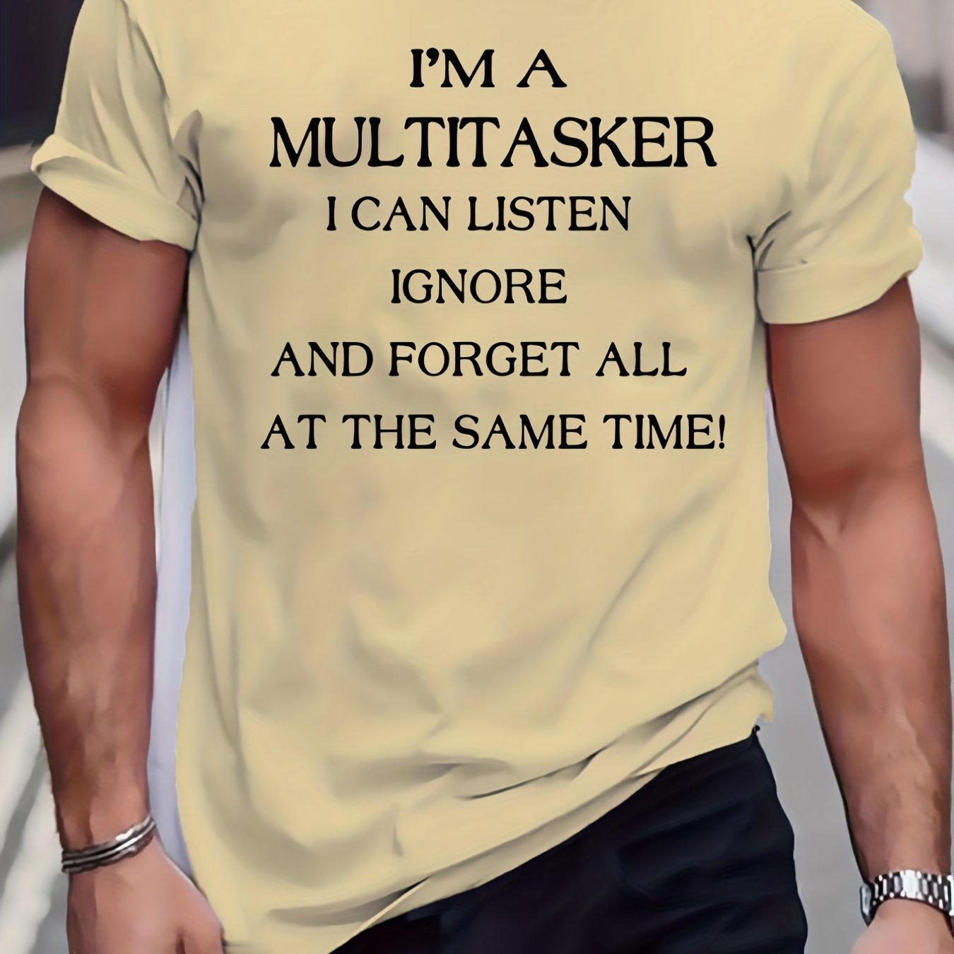 Men's Plus Size Beige T-Shirt - "I'm a Multitasker" Humorous Print, Casual Mid-Stretch Crew Neck, Short Sleeve, Ideal for Summer, Youth Casual Top|Humorous Print Tee|Nontransparent Material, PLUS SIZE