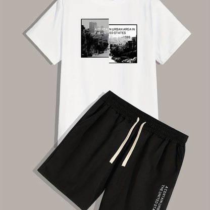 Urban Area, Men's 2pcs, Short Sleeve Round Neck T-Shirt And Drawstring Shorts Set