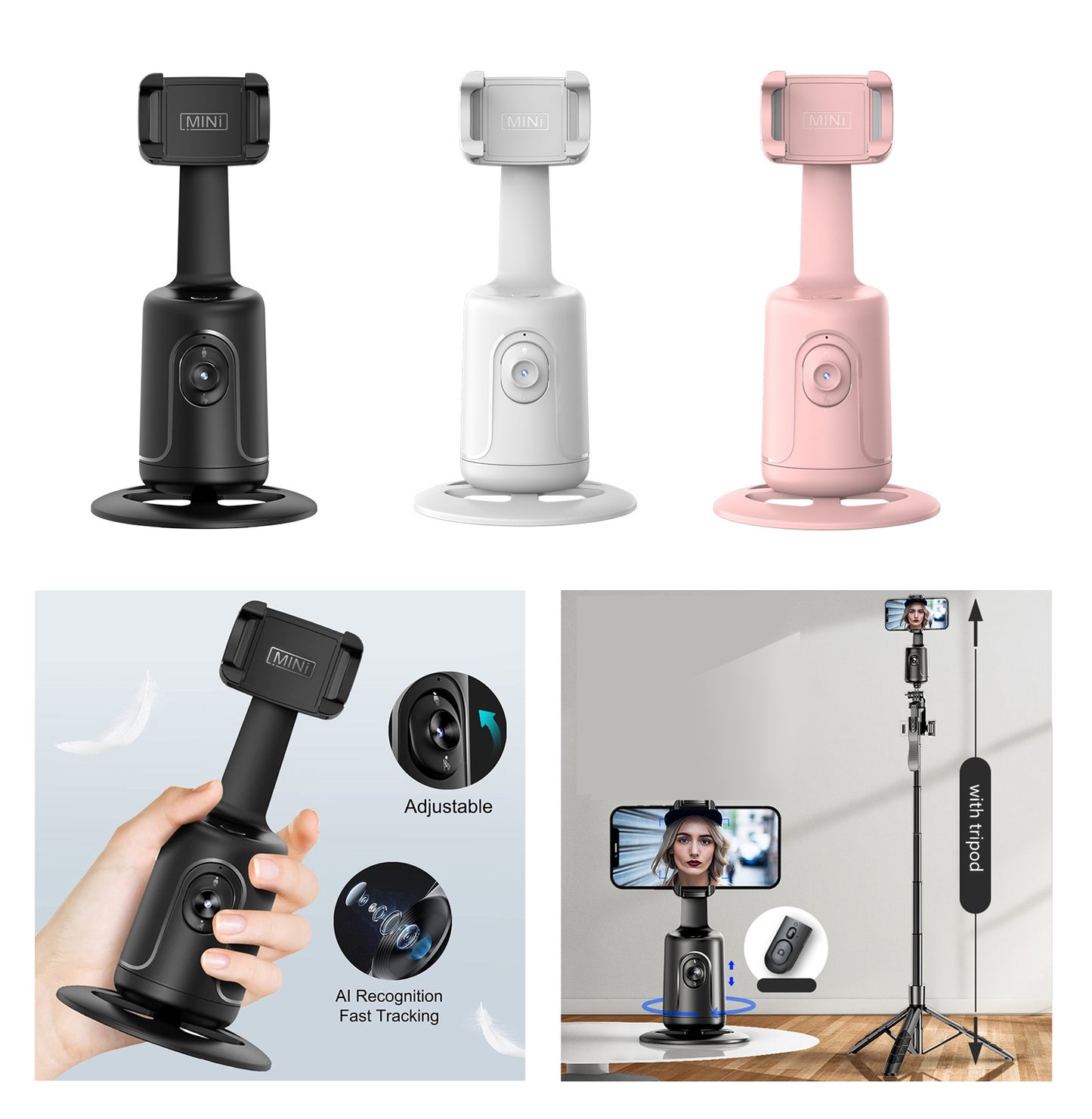 [HKXYK 360° Tripod] HKXYK 360° Rotating Face Tracking Tripod for Phone | Smart Vlogging & Streaming Holder with Rechargeable Battery, Stable Phone Mount for Live Videos, Outdoor Photography, Travel Vlogging, Modern Design,